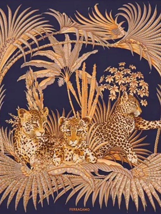 Salvatore Ferragamo Accessories - Salvatore Ferragamo Navy and Gold Printed Silk Scarf